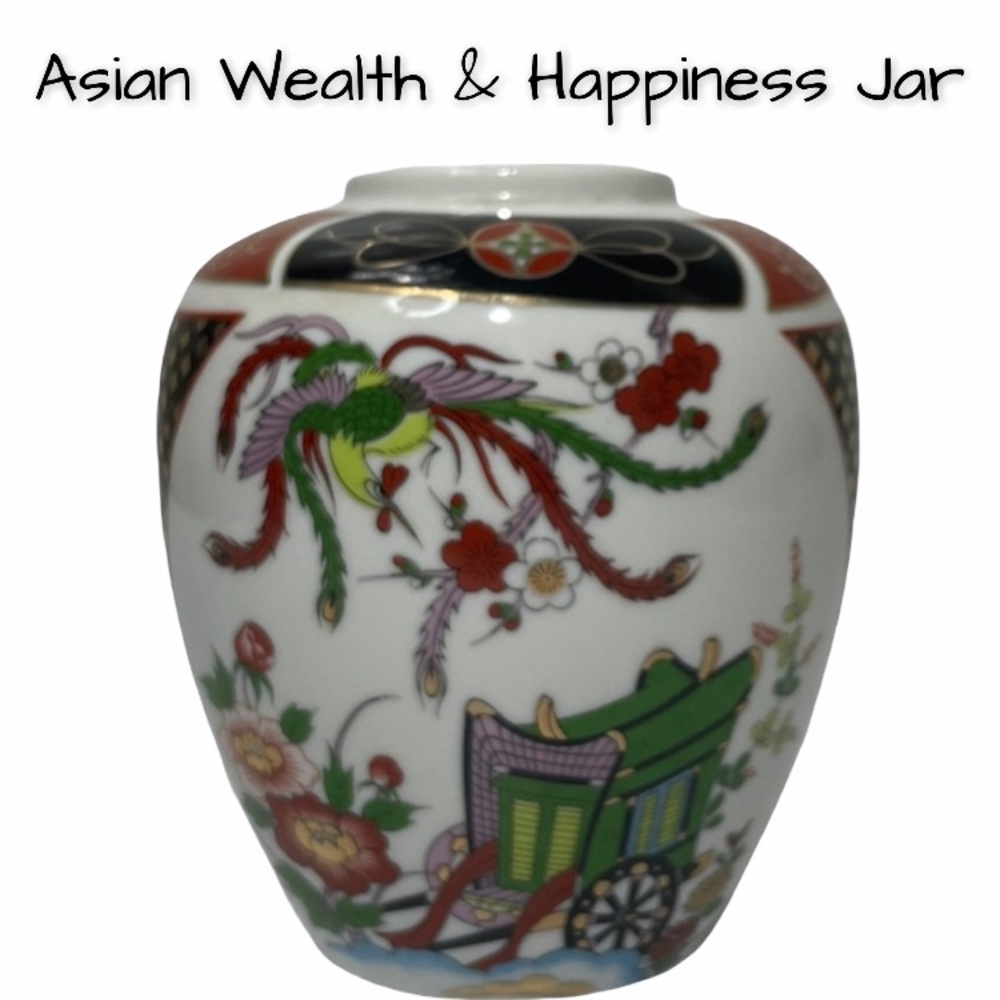 Vintage Vase Wealth Happiness & Health Handpainted Floral Ginger Jar Asian Art - Picture 3 of 15